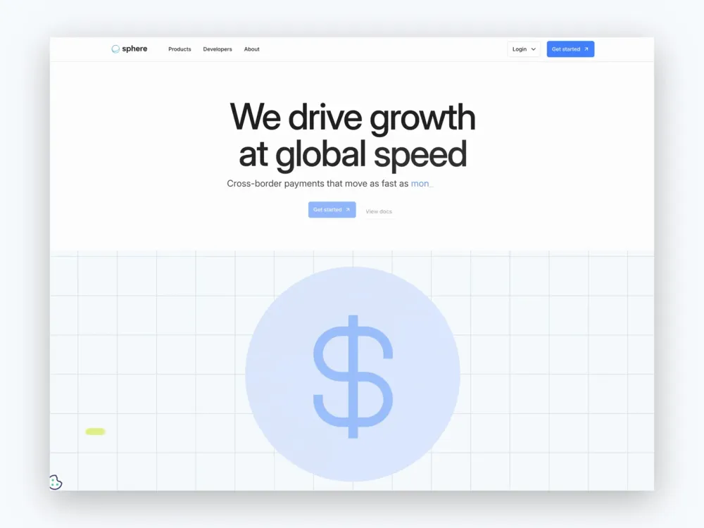 Spherepay homepage hero with a dollar symbol and global payments headline