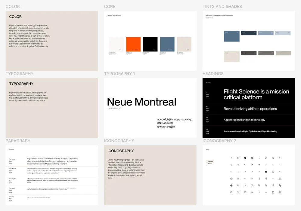Flight Science color, typography, and iconography guidelines.