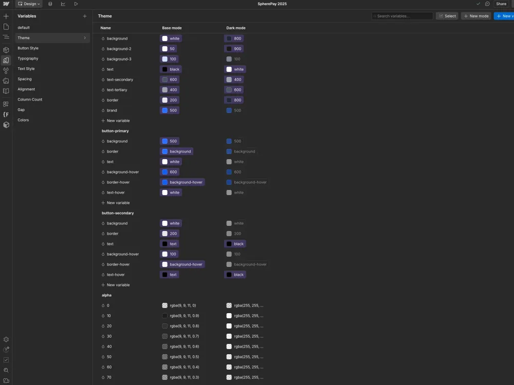 Spherepay variables and theme values in Webflow.