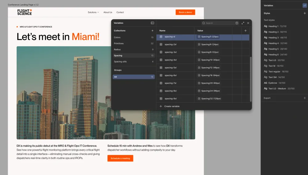 Flight Science campaign page and design variables in Webflow.
