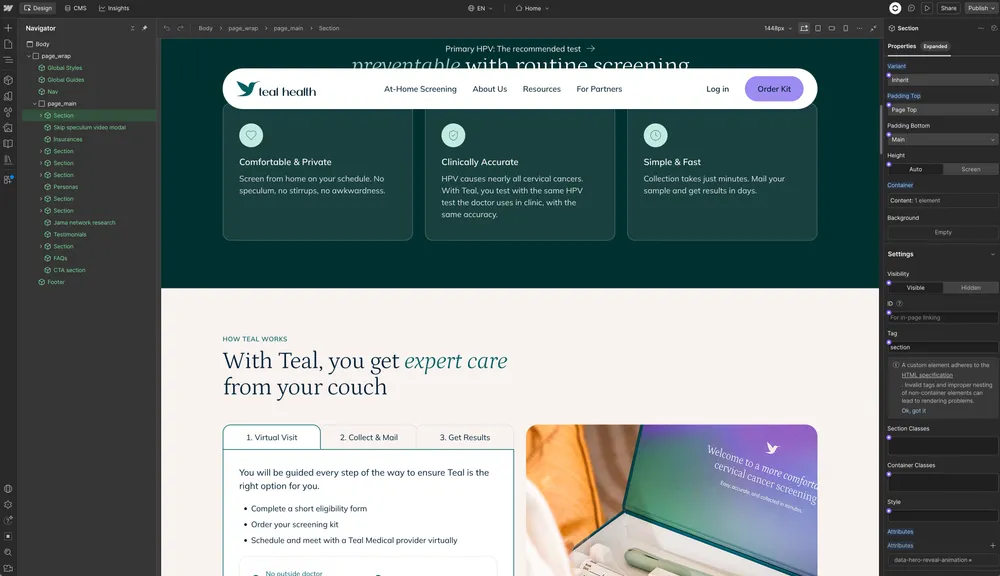 Teal Health page sections in the Webflow Designer.