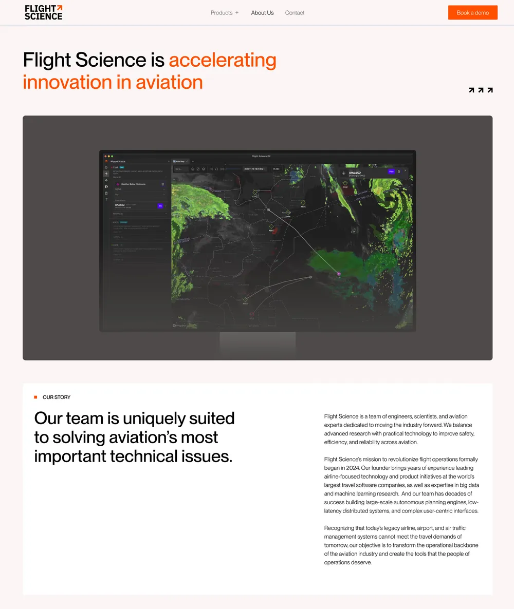 Flight Science company page with aviation product imagery and team introduction.