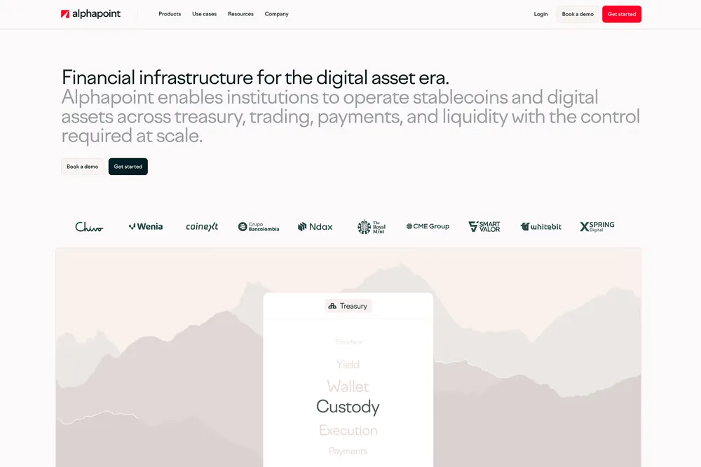 AlphaPoint homepage: "Financial infrastructure for the digital asset era" above a row of client logos and a treasury product panel.