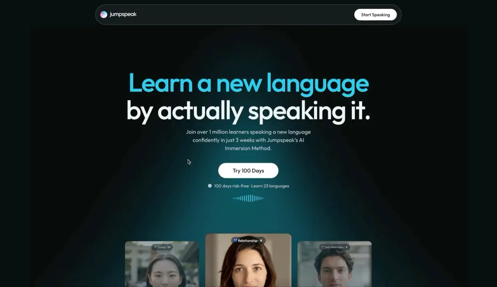 Jumpspeak hero: "Learn a new language by actually speaking it" above video persona cards and a pulsing waveform