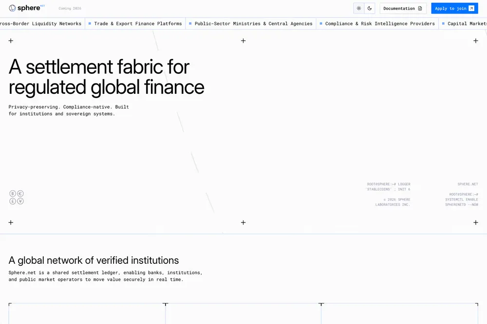 Sphere homepage: "A settlement fabric for regulated global finance" on a light grid.