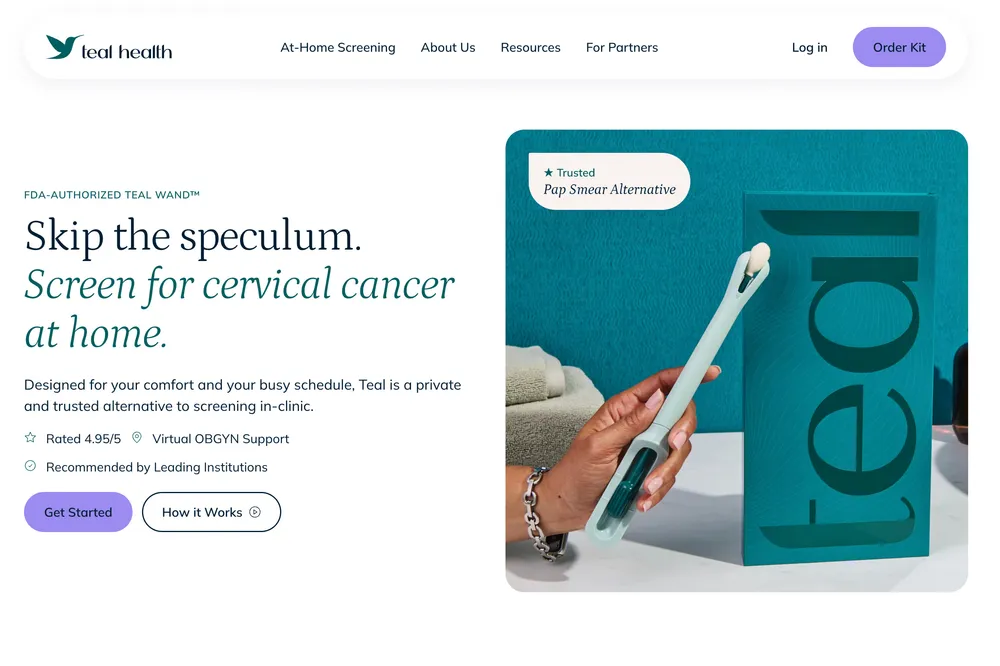 Teal Health homepage: the headline "Skip the speculum" beside a hand holding the Teal Wand.