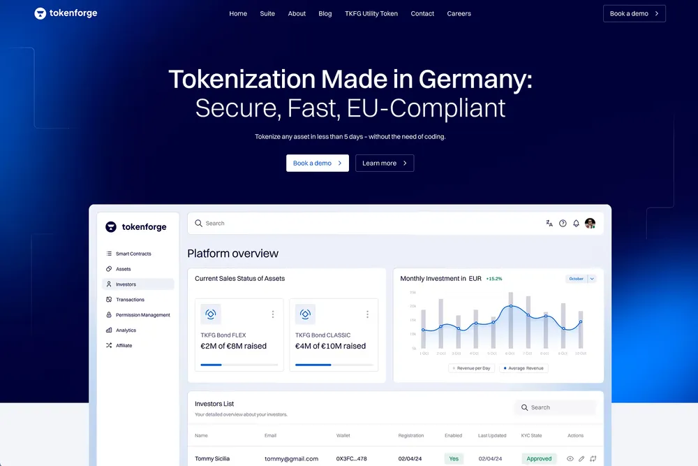 Tokenforge homepage: "Tokenization Made in Germany" above a platform overview dashboard.